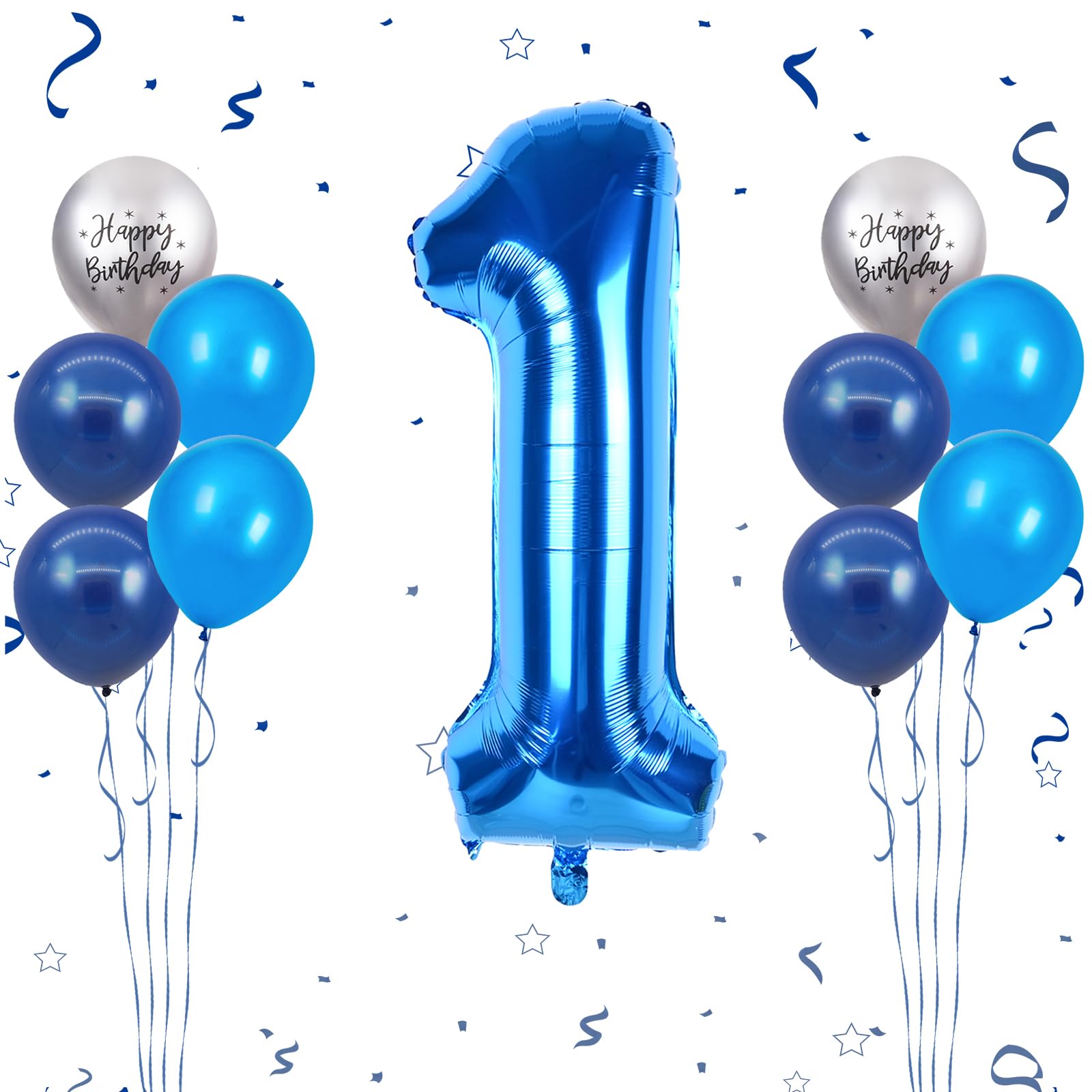 40 Inch Blue Number 1 Balloon, 1st Birthday Balloons, 11Pcs Silver Birthday Print Balloons Dark Light Blue Latex Balloons 1 Foil Balloon for Baby Boy