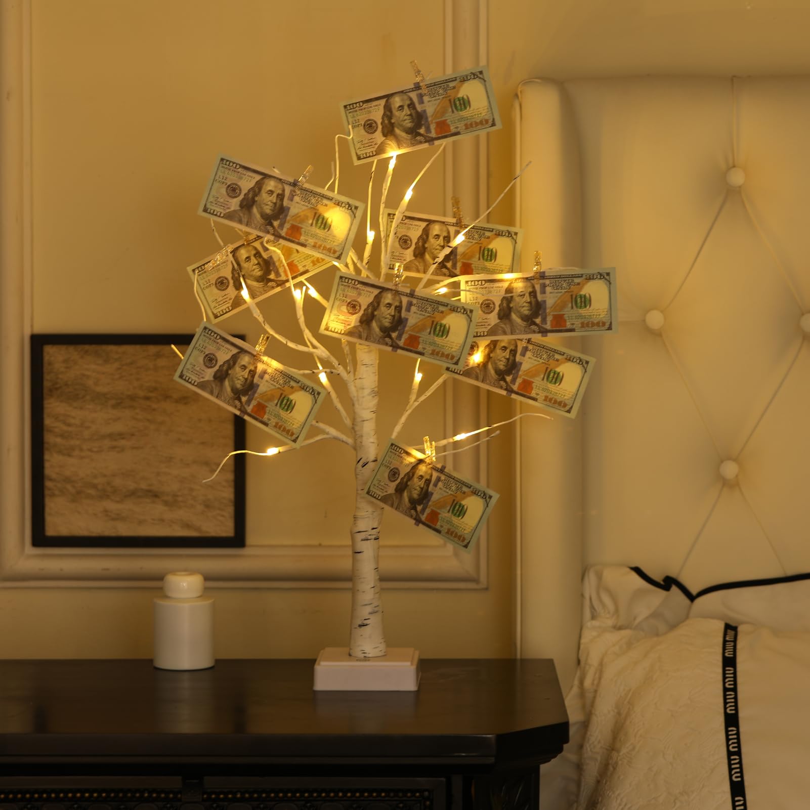 Money Tree Gift Card Holder , 24 LED Warm White Lights USB and Battery Powered, with Clips and Greeting Cards, Gift Holder Decor for Cash Photo Mother's Day Graduation Gifts