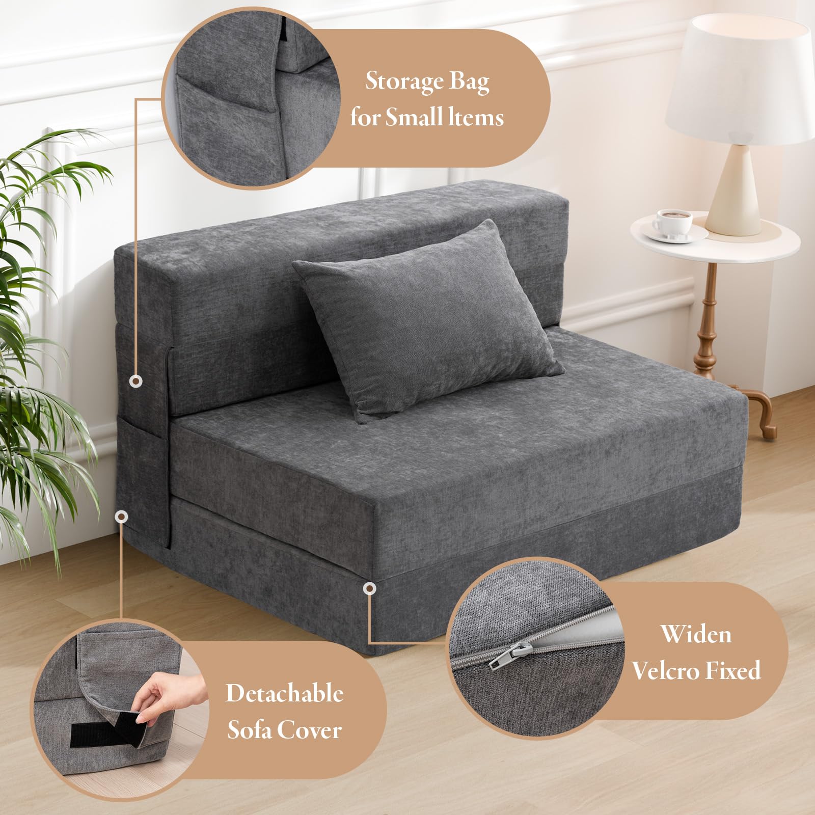 Sofá cama plegable, silla convertible con almohada, sofá plegable, colchón de espuma para el suelo, sofá futón, sofá perezoso para sala de estar, dormitorio, habitación de invitados, oficina 5