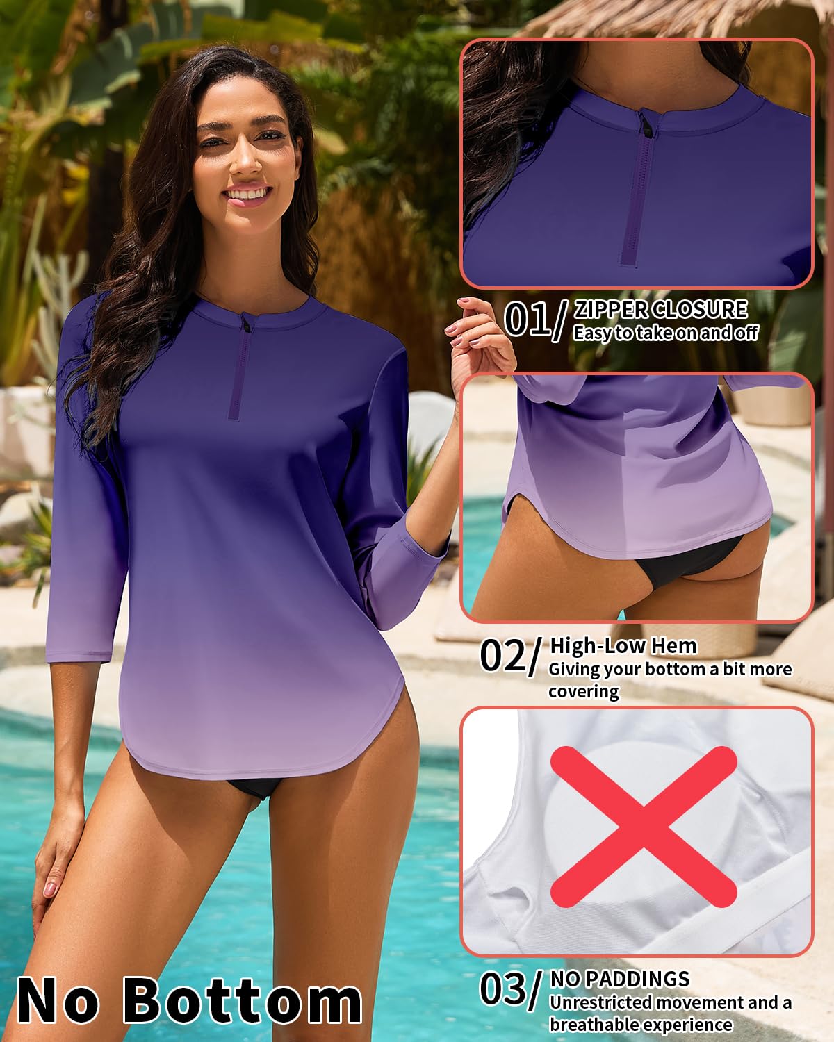WOWENY Rashguard Anti-UV para Mujer Traje de baño Camiseta de Manga 3/4 con Cremallera de 1/4 Secado rápido Ideal para Surfear en la Playa