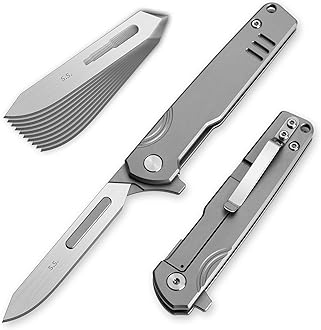 T035 Folding Scalpel Knife, 3.6'' Titanium alloy handle, with 10pcs #60 Stainless Steel Blade, Utility EDC Pocket Knife with Back Clip 1.4oz
