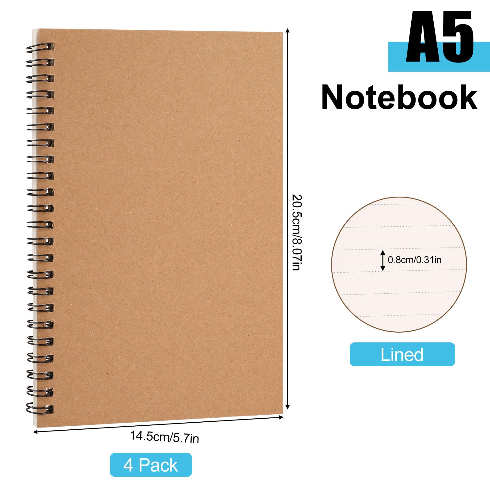 Tikplus A5 Lined Notebook, 4 Pack, 60 Sheets/120 Pages, Lined Paper Spiral Notebook A5 - Image 2
