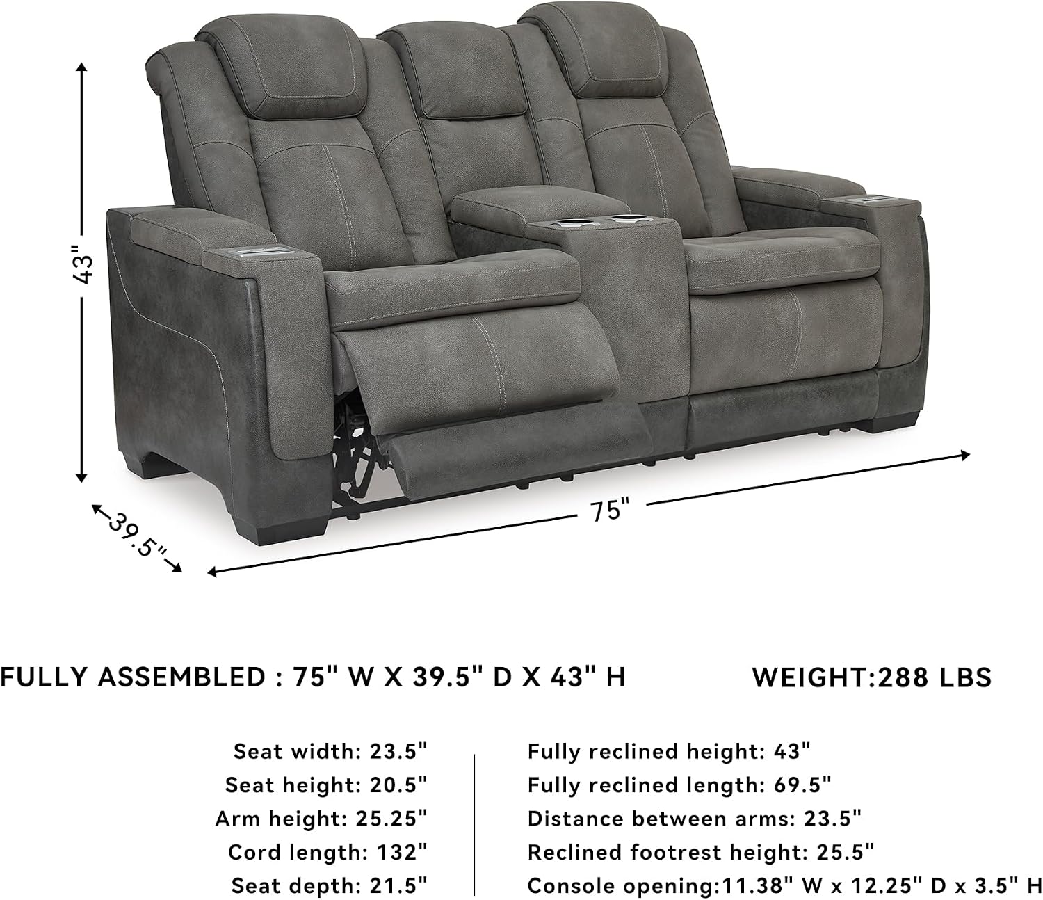 Signature Design by Ashley Power Reclining Loveseat with Console, Gray | Water-resistant faux leather, Zero-gravity recline, Easy View adjustable headrest, Wireless charging, Next-Gen Durapella