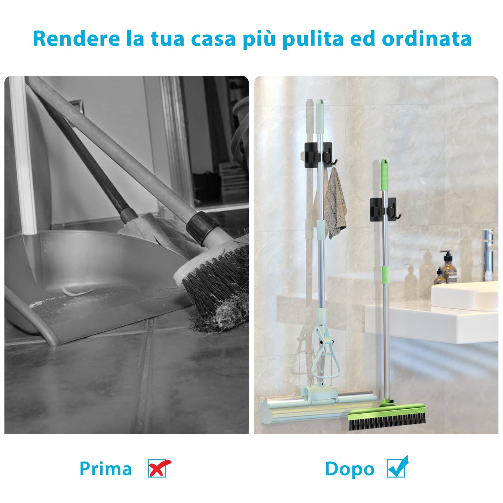HOMEASY Portascope da Muro Adesivo Appendibile 4 Pezzi, Acciaio Inossidabile per Cucina Bagno Giardino, Nero