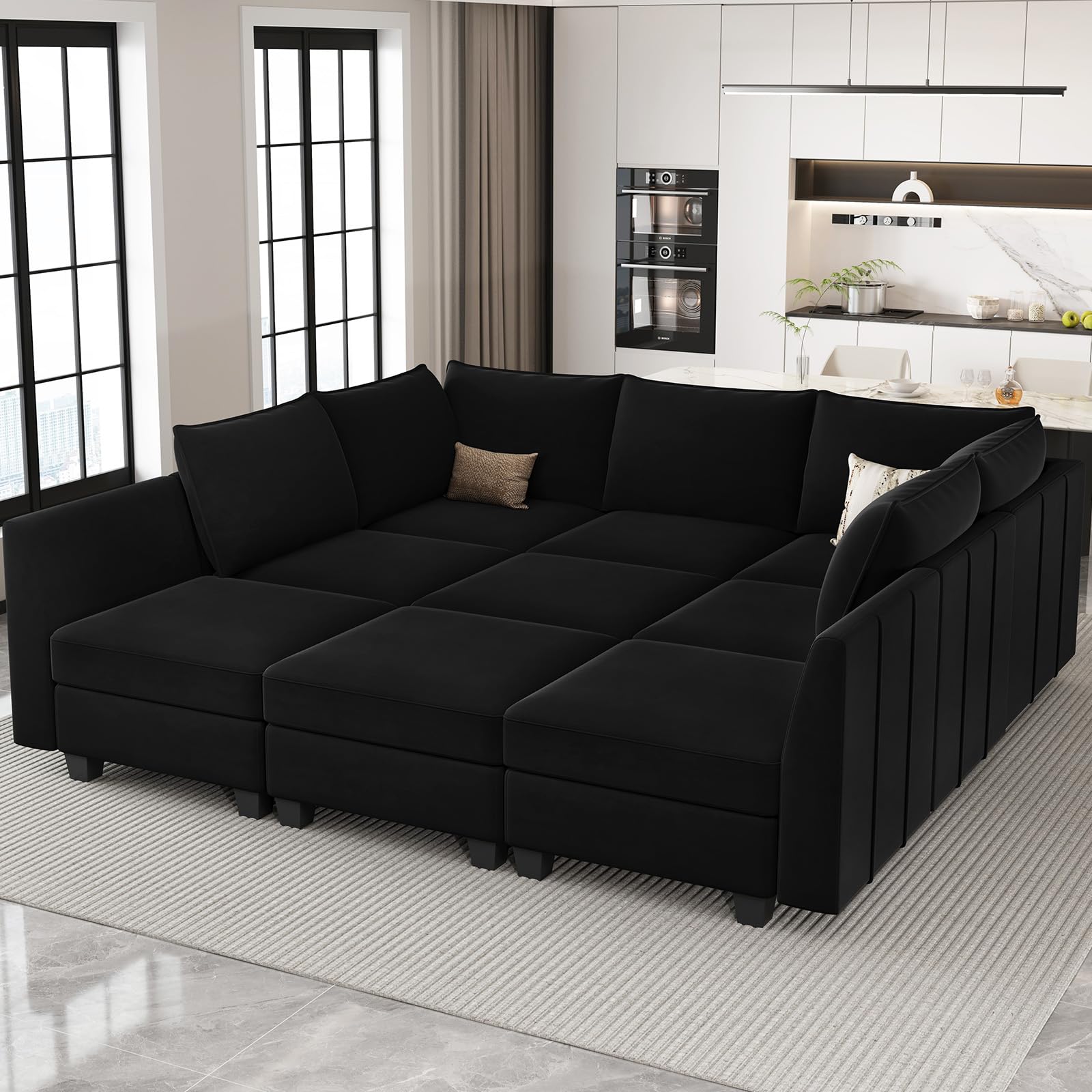 Belffin Large Modular Sectional Sofa Sleeper Couch with Storage Velvet Sectional Sofa Bed for Living Room, 9 Seats, Black