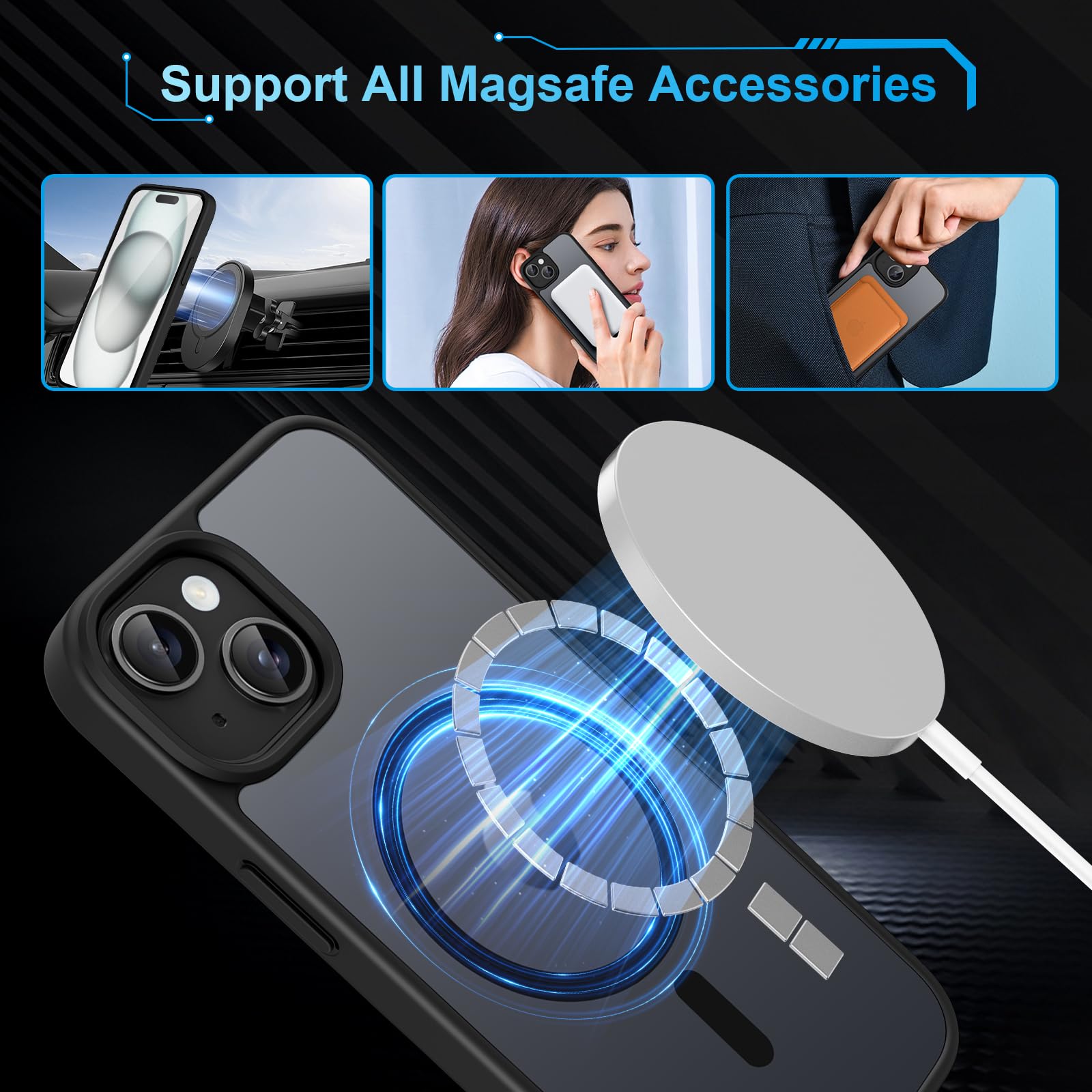 TQIAHF Magnetica Cover per iPhone 15 con 2 Pellicola Vetro Temperato Protezione Schermo Compatibile con Magsafe Case Militare Antiurto Sottile Opaca Telefono Custodia per iPhone 15,Nero