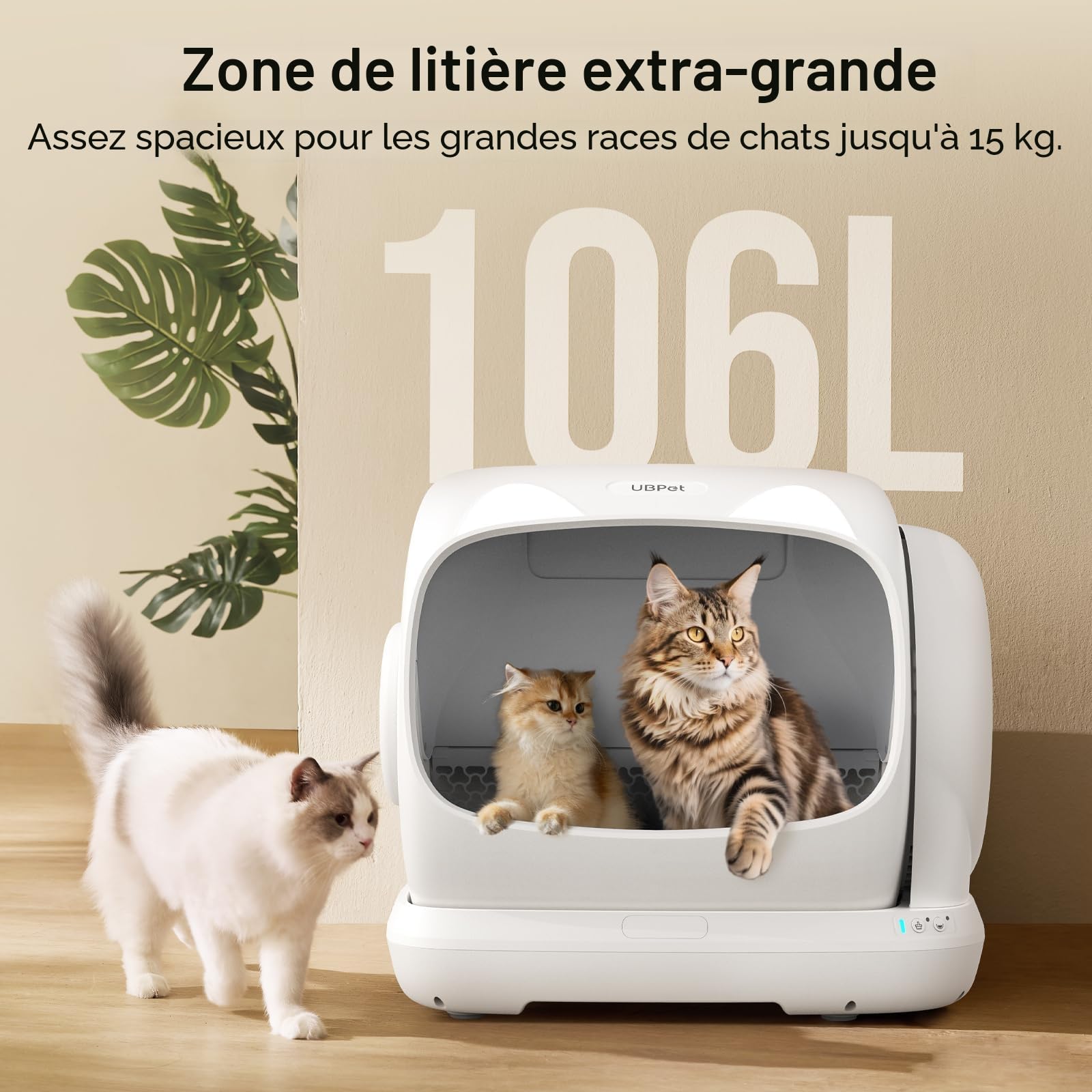 UBPET XXXL Litière Autonettoyante pour Chats,106L-Litière Automatique avec Contrôle par App, Désodorisant, Grande Capacité, pour Multiple Chats