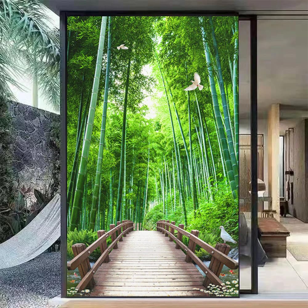 Window Film Privacy Frosted Not Transparent Static Cling Heat Control UV Blocking Green Scenery Glass Sticker(100x160cm) — image 1