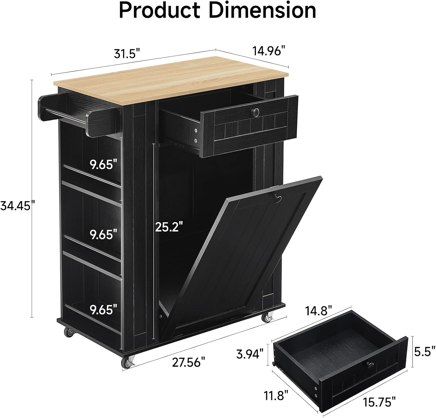 ONBRILL 35" Kitchen Island with Trash Can Cabinet & Power Outlet, Rolling Kitchen Cart with Storage Drawer, 6-Tier Spice Rack, Portable Sideboard Table for Dining Room, Living Room, Black