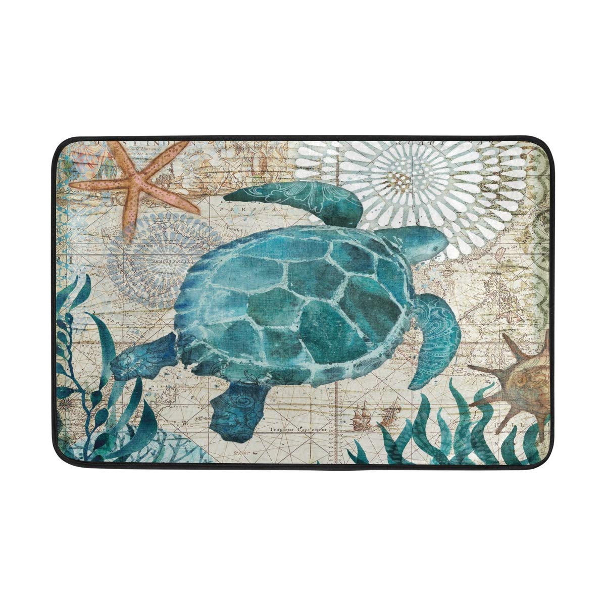 Pfrewn Sea Turtle Doormat Nautical Ocean Theme Starfish Retro Map Floor Mats Non Slip Washable Indoor Outdoor Entrance Bathroom Door Mat Home Decor, 23.6 x 15.7 inch