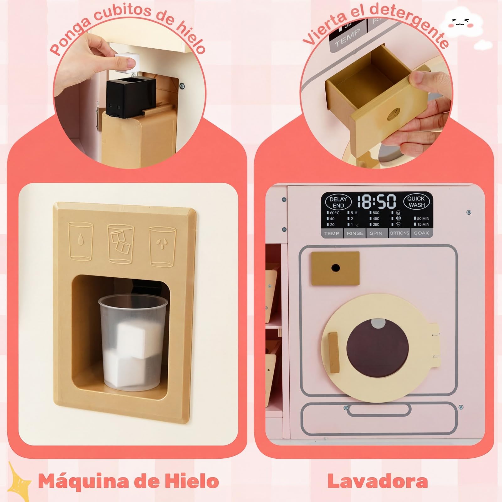 COSTWAY Cocina Juguete en Esquina con Luces y Sonidos, Cocinita Infantil con Refrigerador de Doble Puerta, Hielera, Microondas, Cocina de Madera con Almacenaje para Niños de 3+ Años (Rosa)