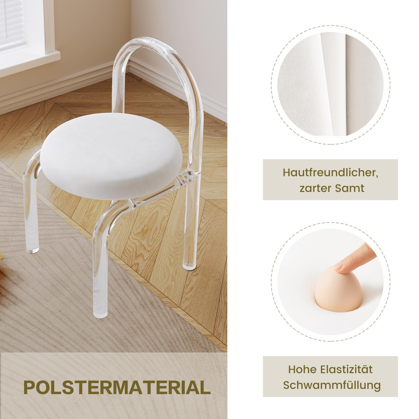 Miuuod Stilvoller Schminkstuhl aus Kristallacryl, niedlicher Schminktischstuhl, Acrylstuhl im Cartoon-Stil mit weich gepolsterter Sitzfläche für den Frisiertisch