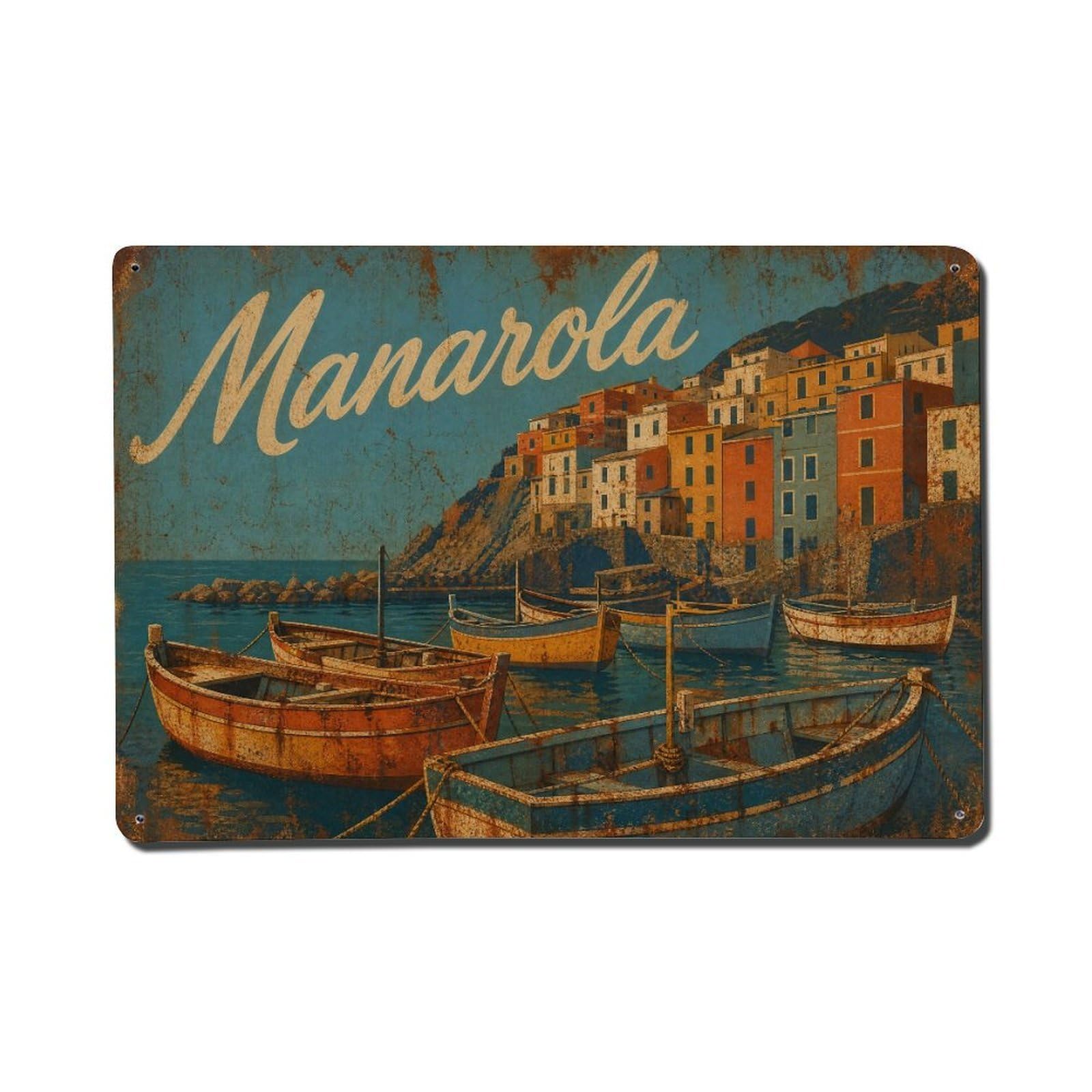 Vintage Travel Manarola Harbor Boats Colorful Maritime Metal Tin Sign