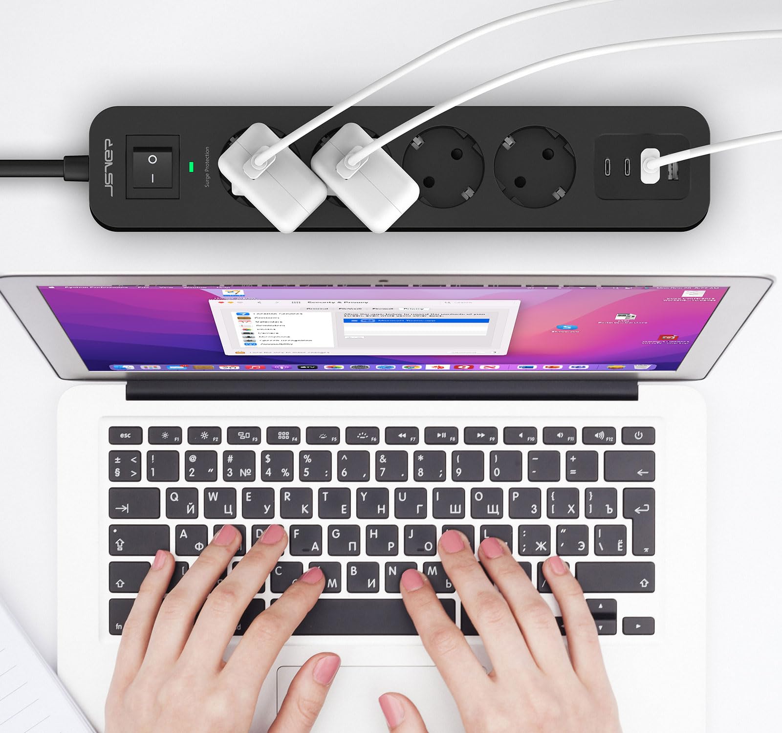 JSVER Multiprise Parasurtenseurs USB 4 Prises avec 2 Ports USB A+2 Ports USB C Chargeur (5V3,4A) Multiprises parafoudre et surtension avec Cable 2m pour Smartphone, Maison, Bureau-Noir