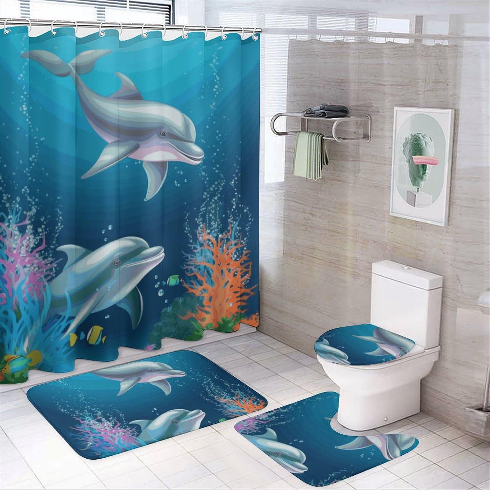 Rideau de douche imperméable et tapis antidérapant en polaire corail ultra absorbant