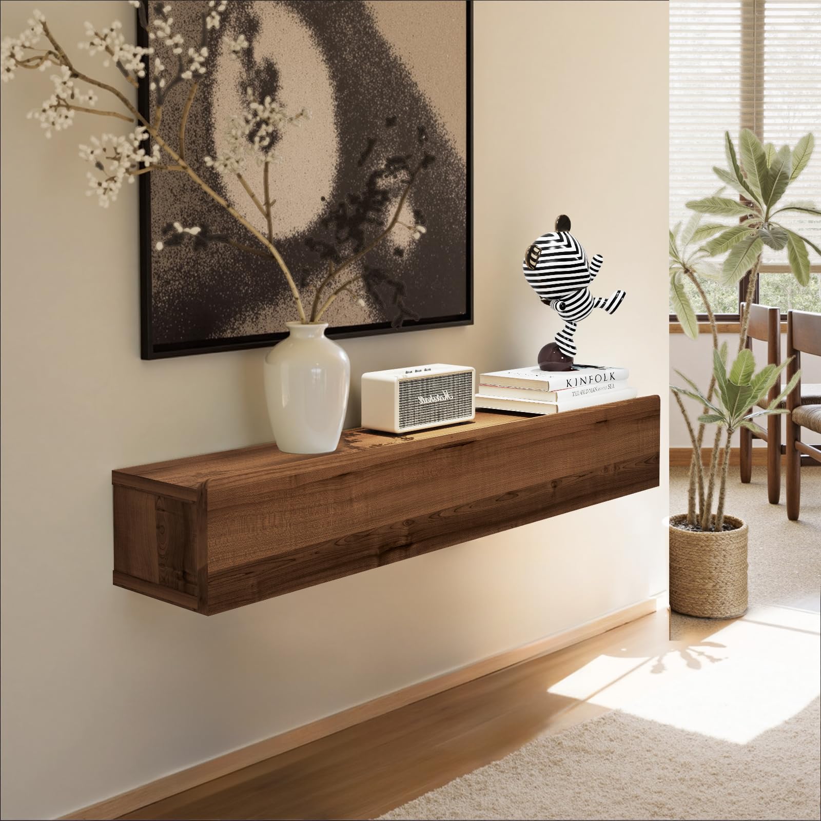Pmnianhua Floating Solid Wood Console Table, Wall Mounted Narrow Entryway Table with Storage Shelf, Modern Couch Shelves Small Entry Way Tables for Entryway, Front Hall, Hallway (Walnut, 120cm)