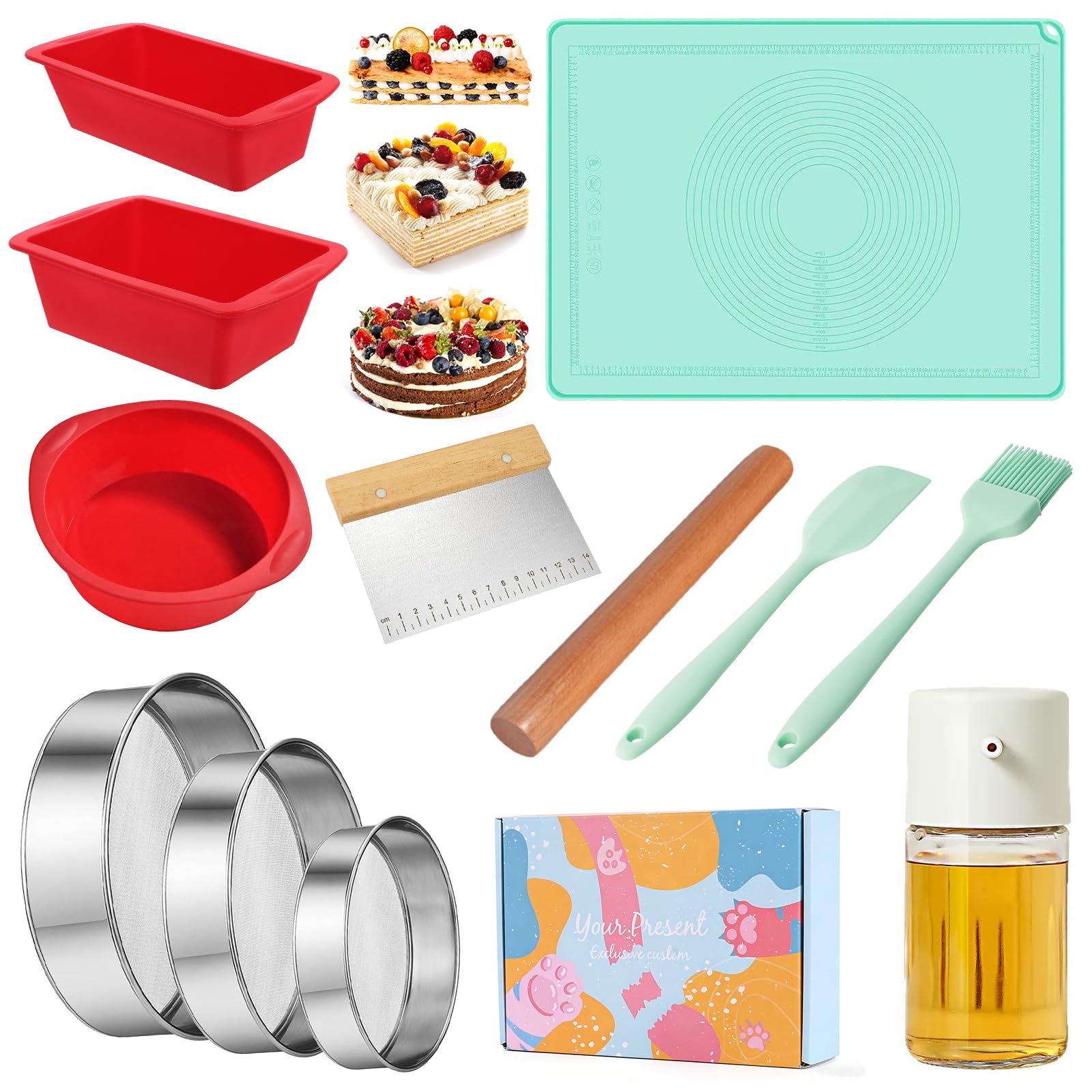 Backunterlage Silikon Groß 70x50cm,Backunterlage zum Teig Ausrollen,3 Silikon Backformen Set,40 Mesh Edelstahl Pollensieb Set,mit ölsprühflasche,Silikonbürste,Teigschneider,für Küche,Backofen,Kuchen