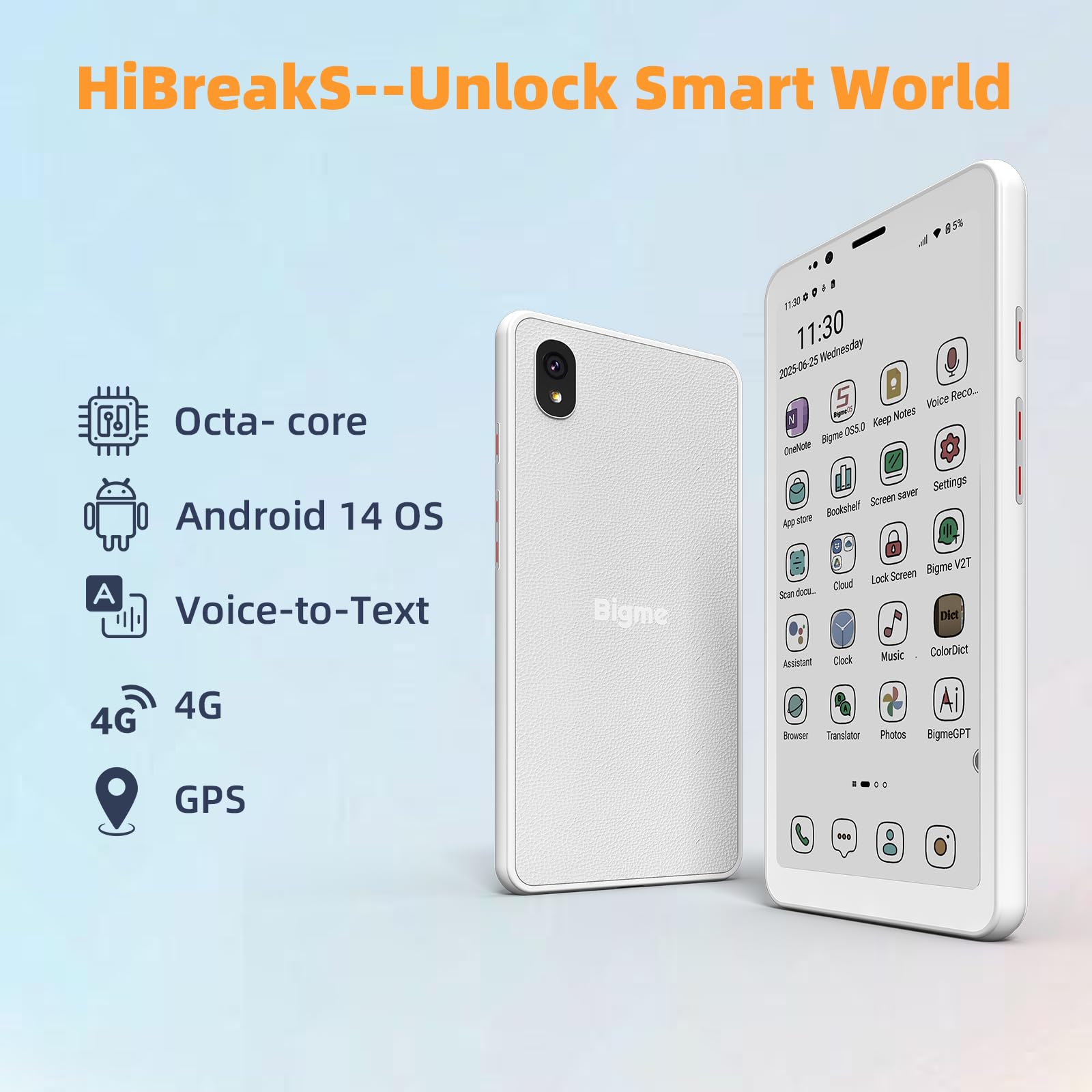 Bigme HiBreakS Color Epaper smartfon, bateria 3300 mAh, procesor 8-rdzeniowy, 6 GB + 128 GB, telefon komórkowy 5,84 cala, podwójny aparat, biały