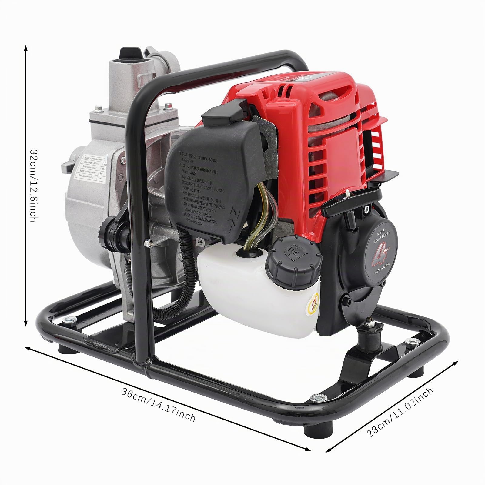 Pompe à eau à essence 4 temps, 1,2 kW 135 l/min, 10500 tr/min, tête d'eau totale 30 m, pompe à moteur, pompe de jardin, pompe de 38 cc, capacité du réservoir d'huile 900 ml