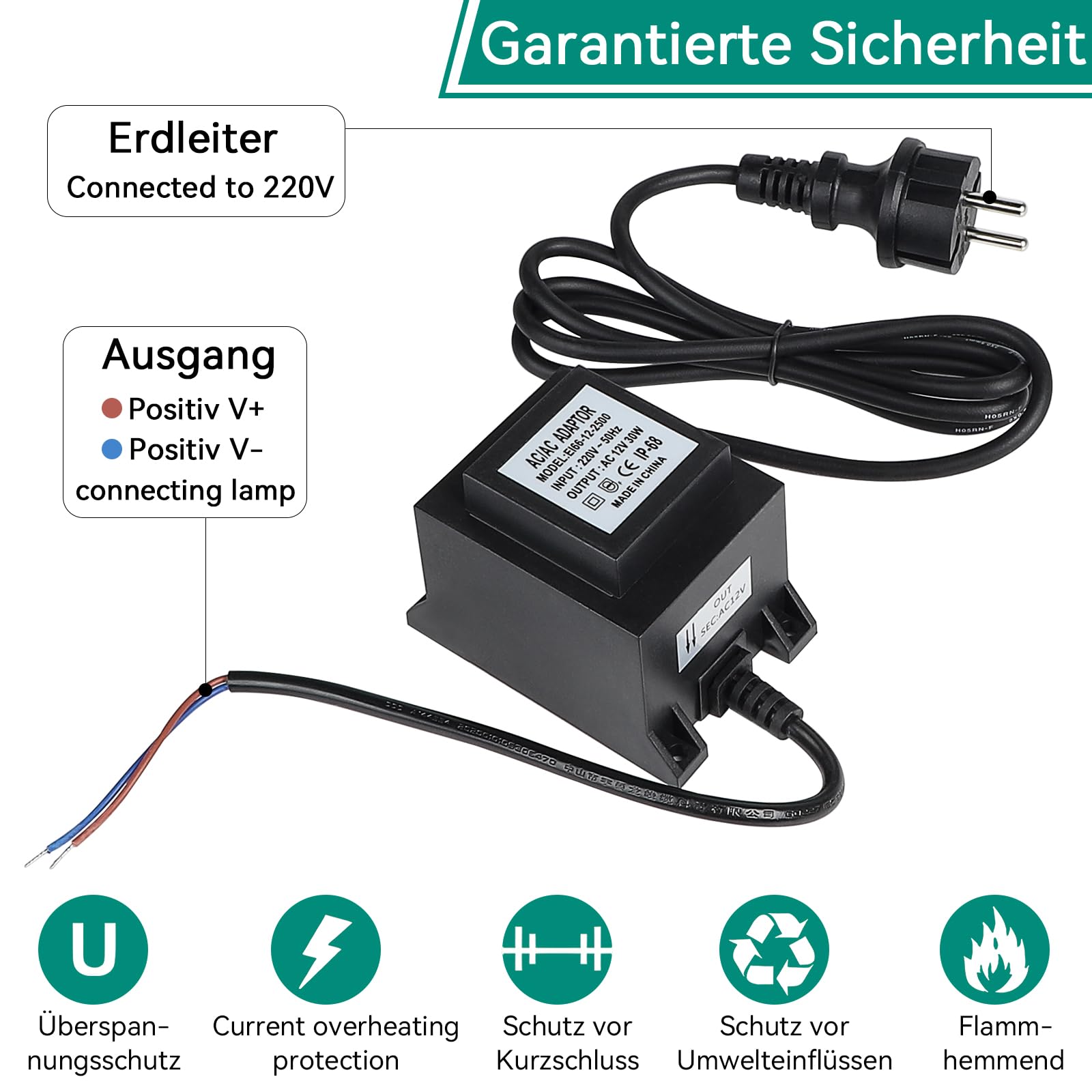 Fuente de Alimentación LED 12V 30W 2,5A IP68 Impermeable, Transformador de Potencia de Entrada/Salida 220V-50Hz/AC para Bombilla