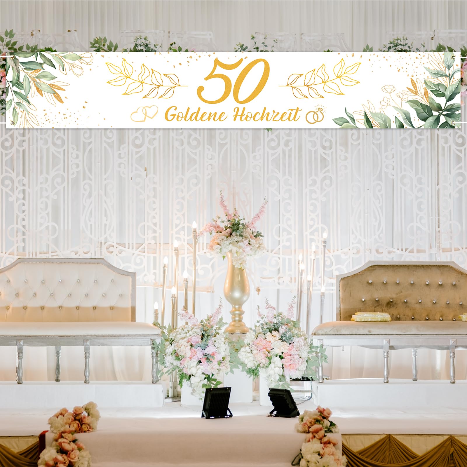 YunBey Decorazione per 50 Anniversario Matrimonio, Striscioni Nozze D'oro, 50 Anni Palloncini Oro e Bianchi, Nozze D'oro Cake Topper per 50 Anni Matrimonio Addobbi