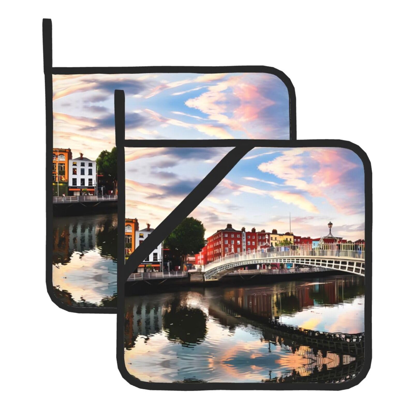HJFCZH Bridge Sunset River Landscape Prints Square Hot Pads for Kitchen Counter - Waterproof Pot Holders, Durable Heat Resistant Throw Layers for Serving, Oven & BBQ - 2 Pack