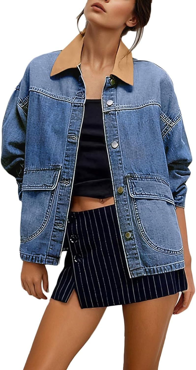 EVALESS Women's Oversized Jean Jacket Button Down Contrast Trim Barn Jackets Trendy Boyfriend Denim Jacket With Pockets - Image 2