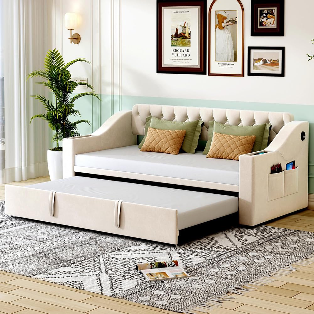 Sweiko Canapé-lit rembourré 90/180 * 190 cm, Cadre Adulte avec accoudoirs Extra-Larges et épais (avec Prise USB), Lit avec Sac de Rangement Sommier à Lattes(sans Matelas) (Beige)