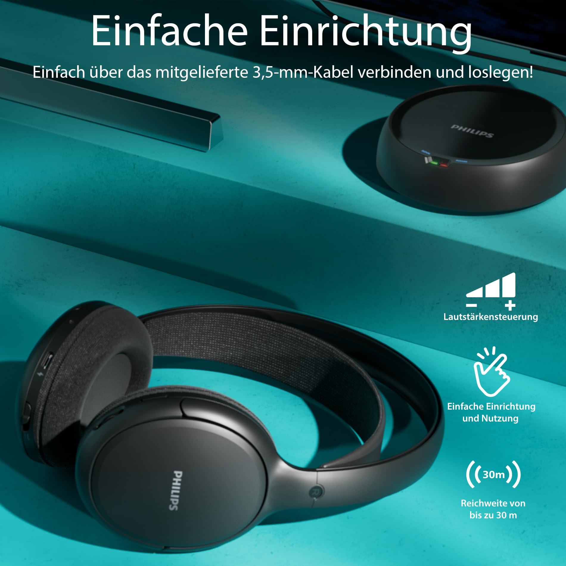 Philips SHC5200M2 kabellose TV-Kopfhörer mit 30 Std. Wiedergabezeit, 30 m Reichweite, digitaler 2,4-G-Verbindung, bequemem ohraufliegendem Sitz, austauschbarem Akku, klarem Dialogklang – Schwarz
