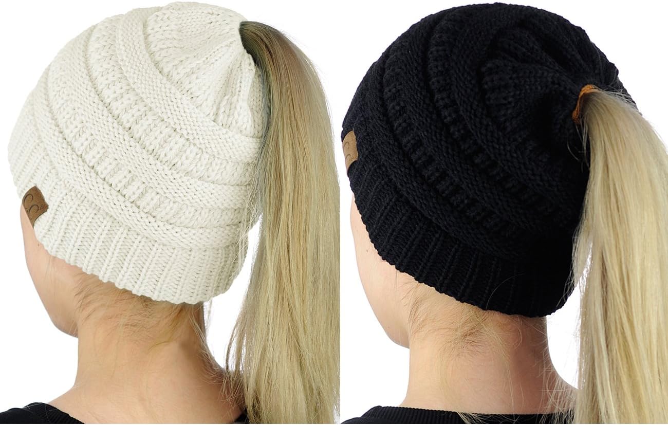 C.C BeanieTail Soft Stretch Cable Knit Messy High Bun Ponytail Beanie Hat, 2 Pack