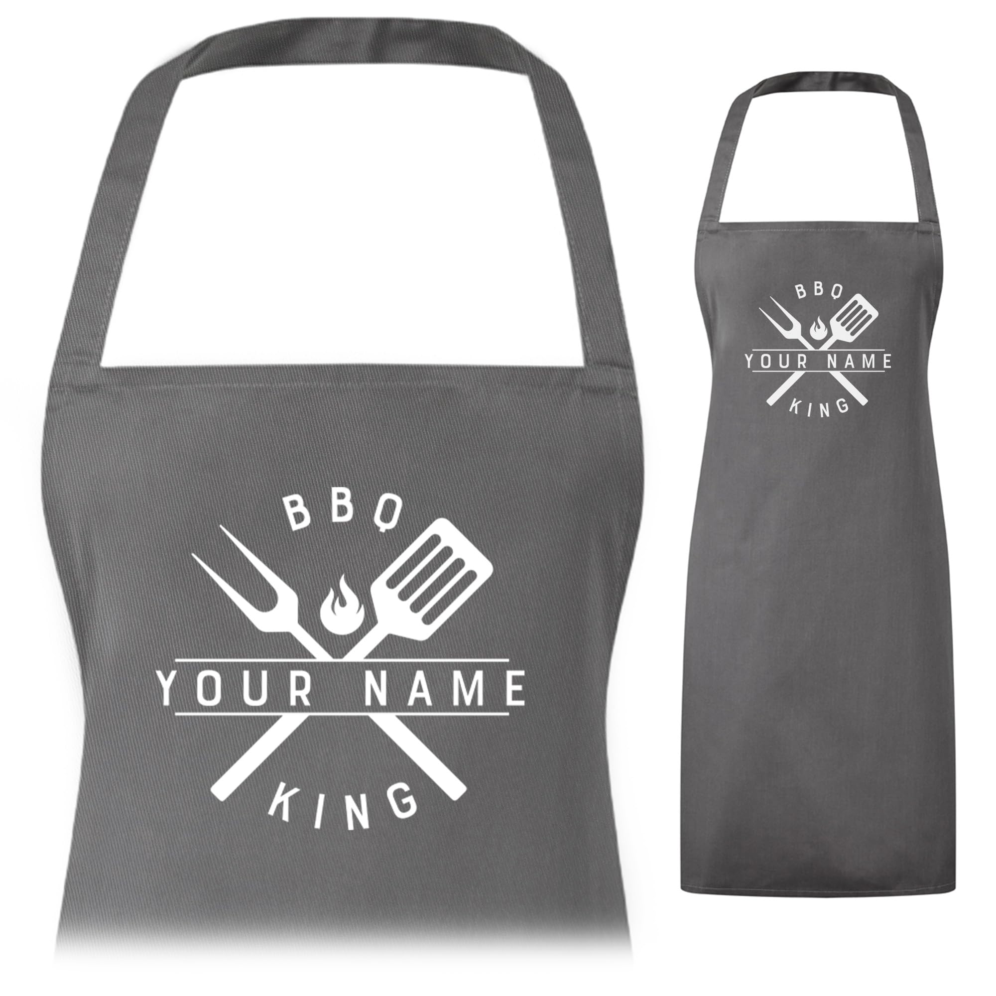 A1 Graphics Ltd Men's Grey Personalised Bbq Apron For Wo - Custom “King/Queen Of The Bbq” – Barbecue Cooking Name - Apron For Grilling & Summer Bbqs (Grey)