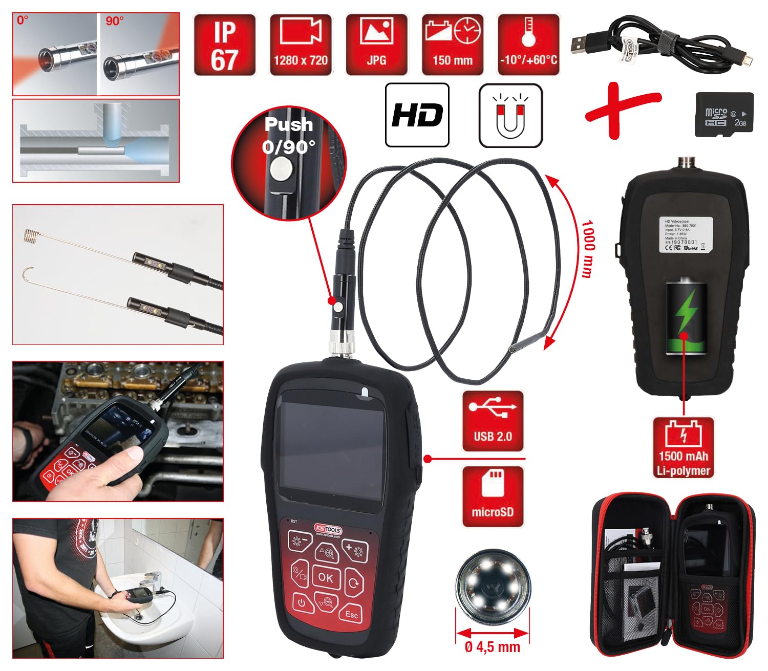 KS Tools 550.7530 HD-Videoskop-Satz mit Ø 4,5 mm 0° und 90° HD Frontkamera-Sonde, umschaltbar, 7-TLG