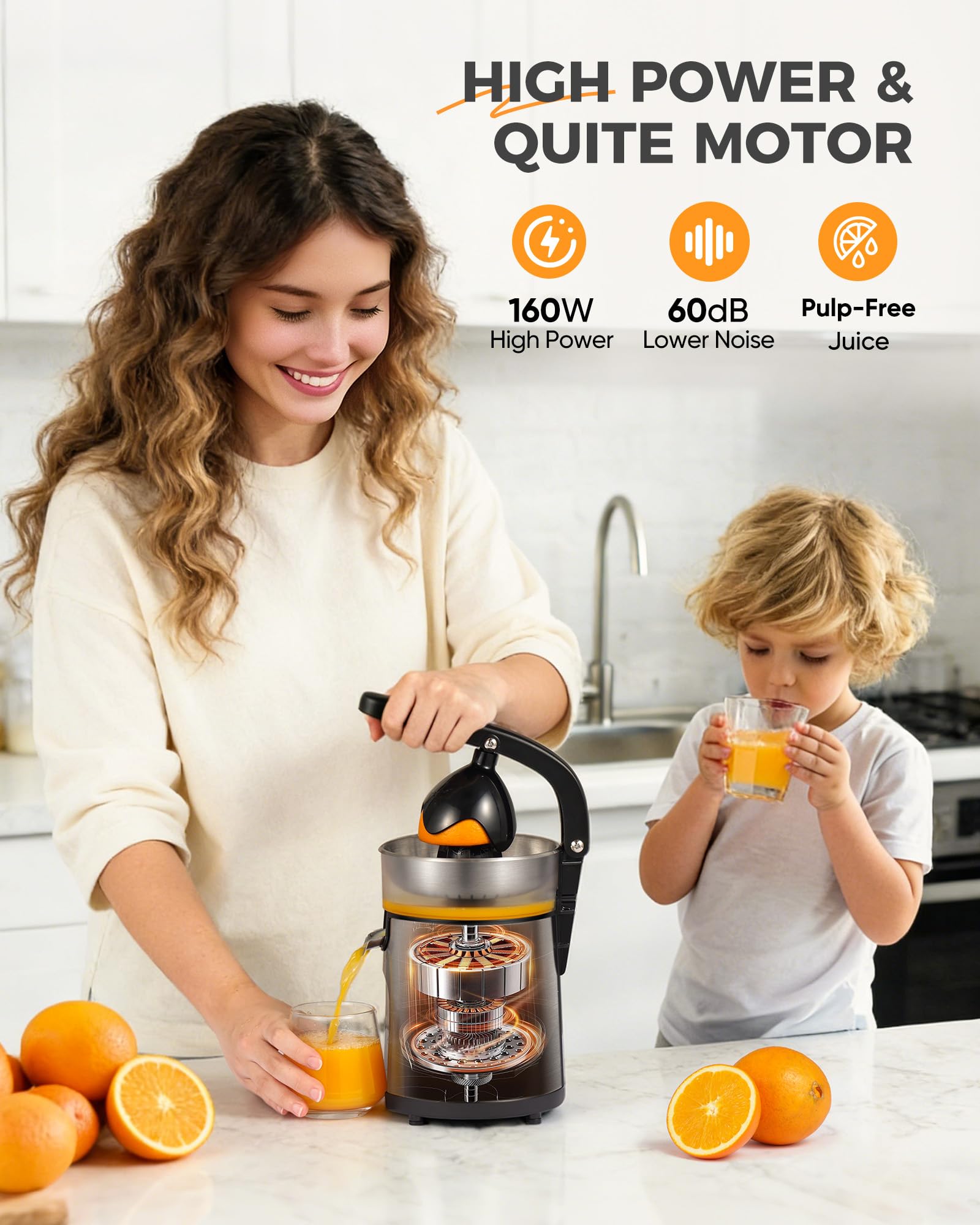 Exprimidor eléctrico de naranja, exprimidor de cítricos con 2 conos intercambiables, máquina exprimidor eléctrico de 160 W con cuerpo de acero inoxidable y colector de jugo transparente para