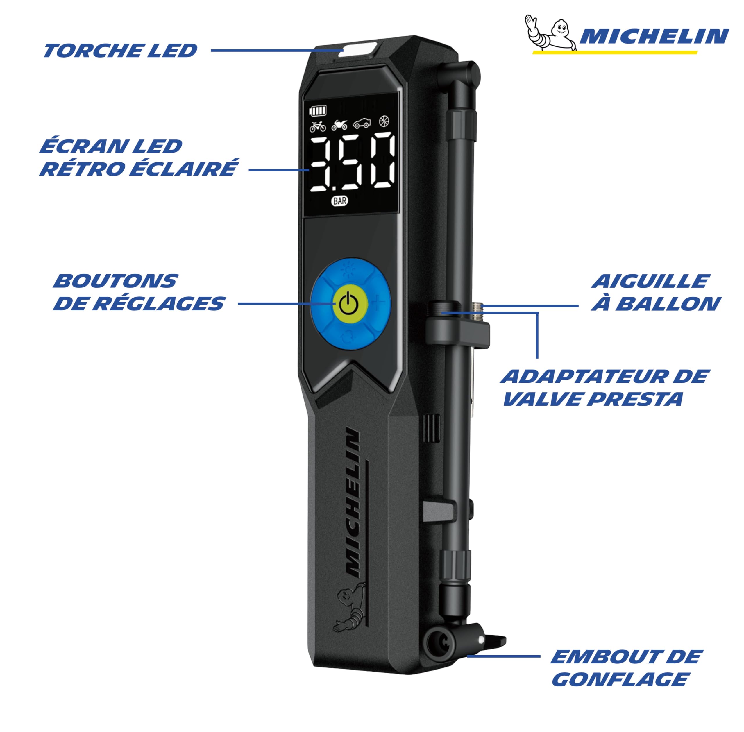 Michelin Digital - Pompa ad aria a batteria, 10 bar, colore nero, 20,5 x 5,4 x 4,7 cm