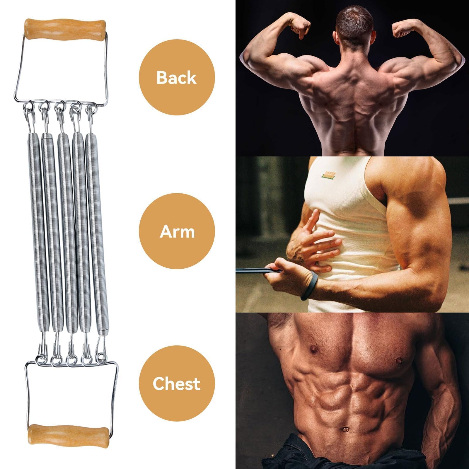HERCHR Estensore Pettorali, Muscolare Espansore con Manico in Legno Espansore Toracico Pettorali Multifunzione Regolabile a Molla Elastici per Body Building, Yoga, Esercizio e Fitness
