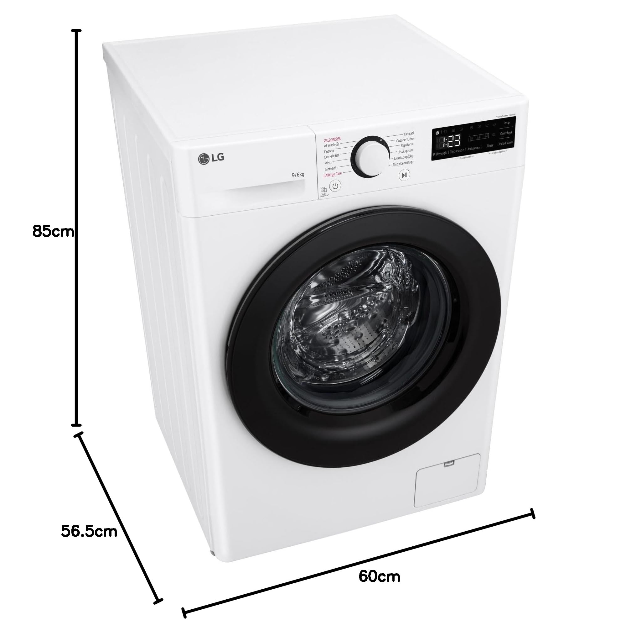 LG AI DD D4R3009NSWB Lavasciuga 9 / 6kg Serie R3 Classe A-10%/D, Lavatrice e Asciugatrice Insieme, 1400 giri, Lavaggio a Vapore, Eco Hybrid, Allergy Care, Motore Inverter Direct Drive, Bianca