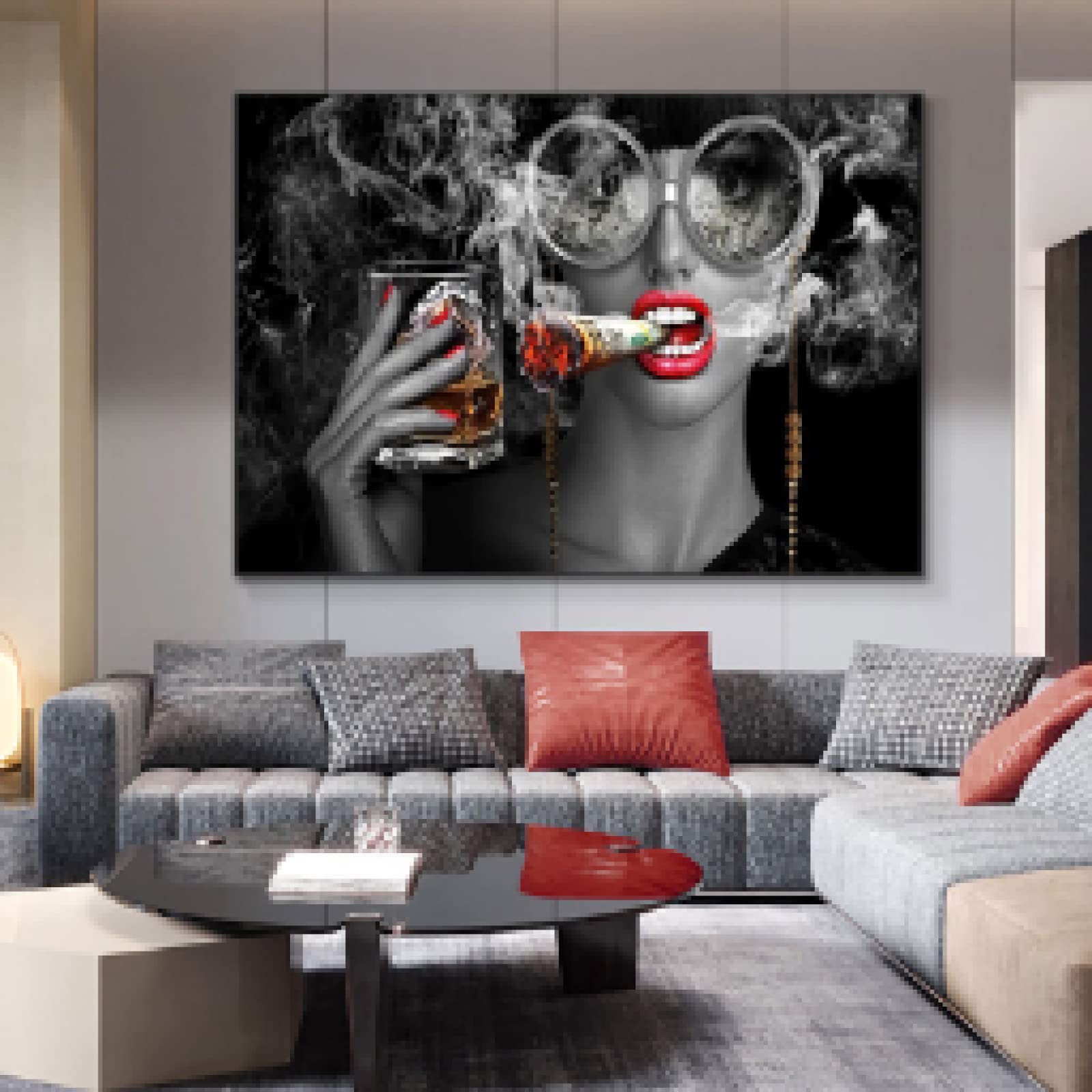 GEMMII Leinwandbild XXL- Sexy Frau Poster Rauchen Malerei Leinwand Wandkunst Bilder Für Bar Moderne Wohnkultur Gläser Wein Zigarette 80x120 cm Rahmenlos