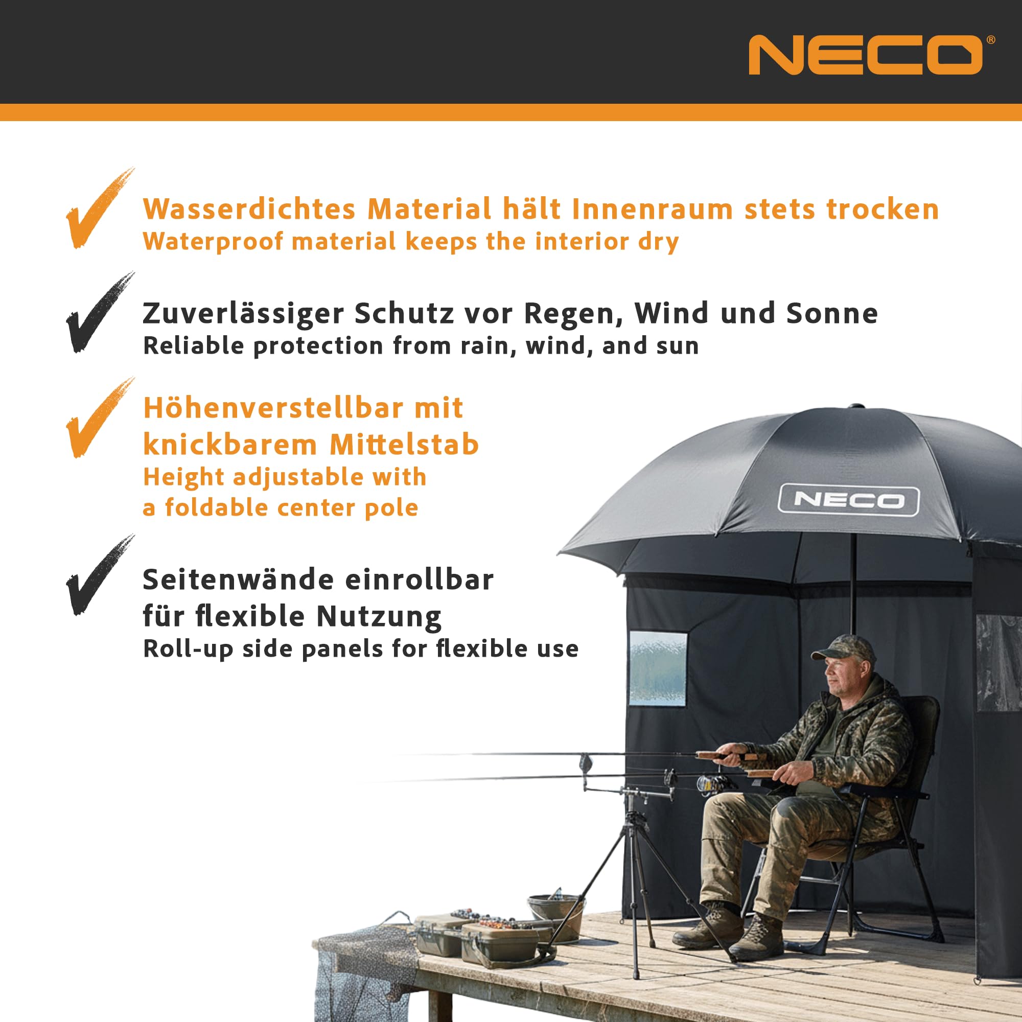 NECO Parasol Wędkarski z Bokami 220 cm 3/4 – Wodoszczelny, Dwuosobowy Namiot Parasolowy, Duży Parasol do Wędkowania, Namiot Karpiowy na Ryby i Kemping z Oknami