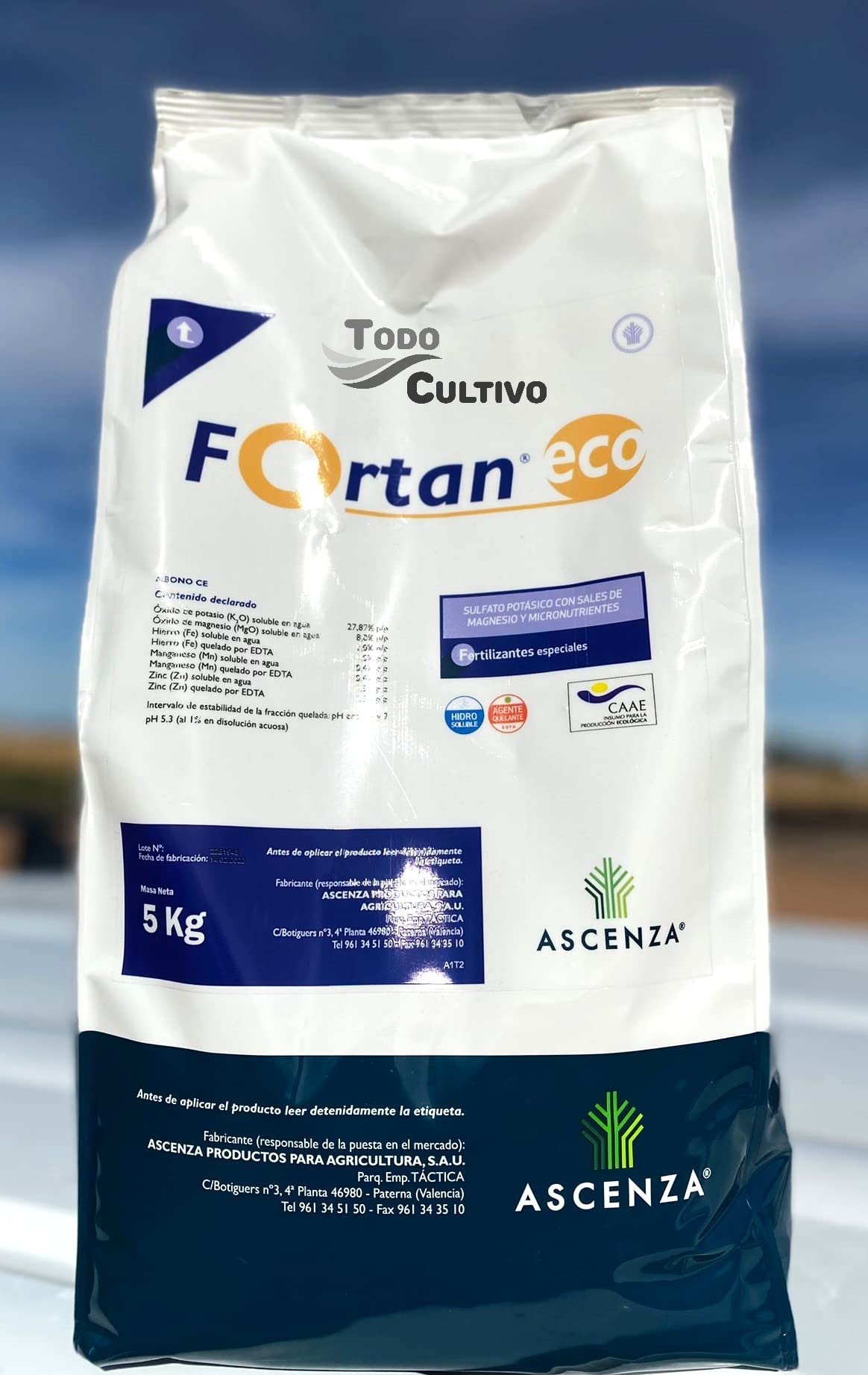 Abono foliar potasico ecologico. 5kg. Potasa sólida quelada con magnesio y oligoelementos. Fortan Eco