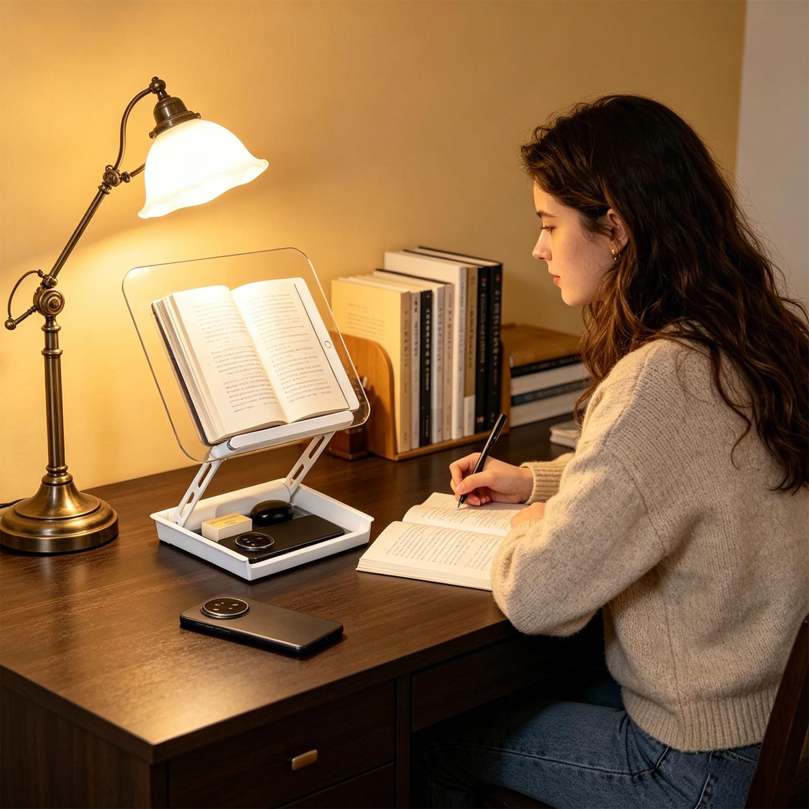 Supporto per libri in acrilico trasparente con cassetto nascosto regolabile per leggere lavori cucina, contenere tablet, libri cucina, accessori da scrivania