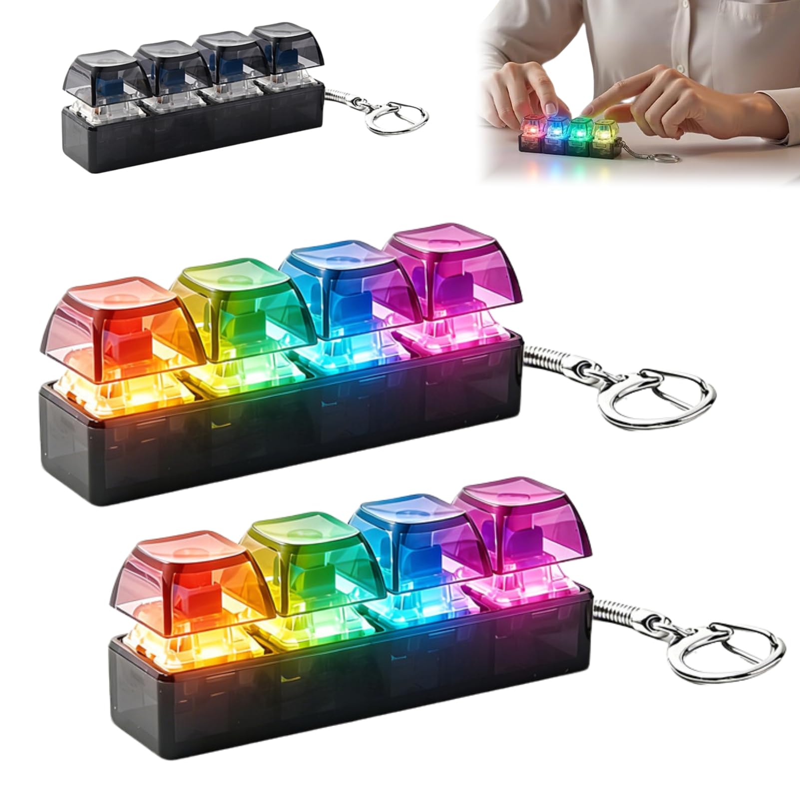 Clicky Keyboard Fidget Toy Light Up, Glowing Keyboard Fidget Toy, 4 Button Mini Keyboard Keychain Clicker Fidget, Portable Anti Stress Keyboard Fidget Keychain Toys For Adults and Kids (B-2pcs)