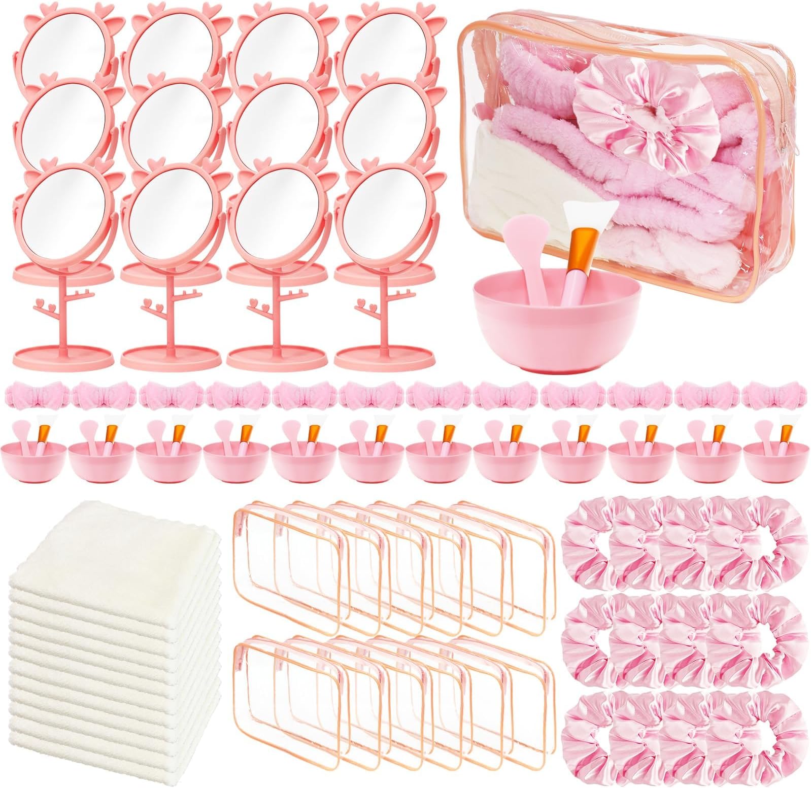 96 Pcs Spa Sleepover Party Supplies Bulk for Women, Include Face Mask Mixing Bowl Set, Mirror, Headband, Scrunchies, Cosmetic Bags, Face Wash Cloths for Spa Sleepover Slumber Birthday Party Favors