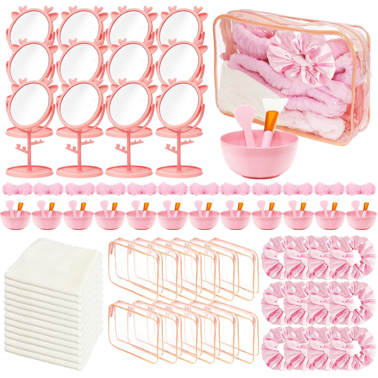 96 pezzi di articoli per feste da donna, include maschera per il viso, set di ciotole, specchio, fascia, scrunchies, borse per cosmetici, panni per il viso per spa, pigiama party, pigiama party