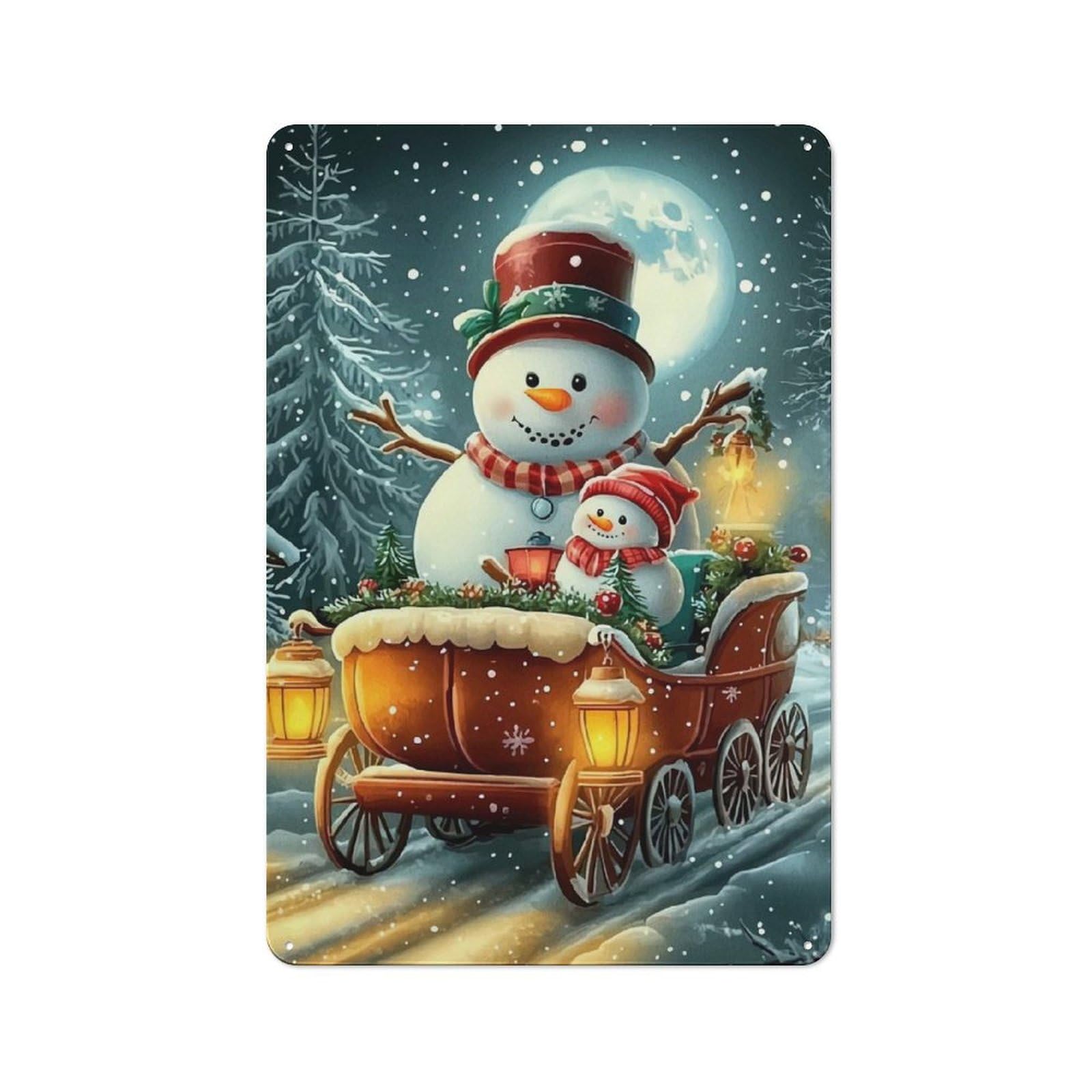 Junmoney Snowman Sleigh Winter Scene Decorative Tin Sign With Design 30X20cm, Classic Old Style Wall Plaque For Living Room, Hallway, Kitchen Or Cafe