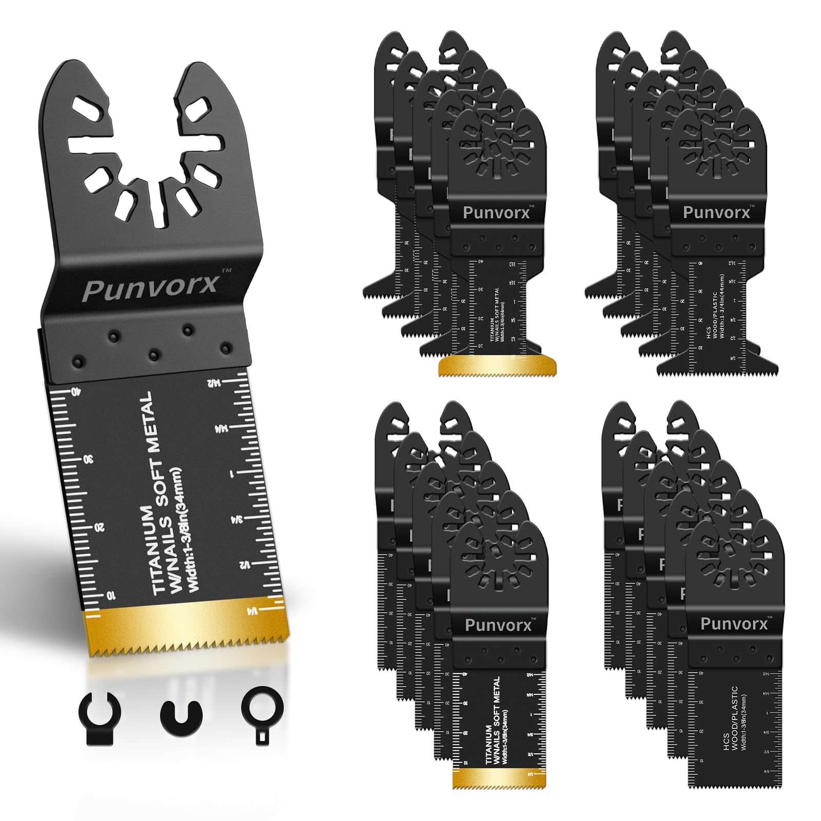Punvorx 20Pcs Titanium HCS Multi Tool Blades for Metal Wood Nails Cutting, Universal Quick Release DIY Oscillating Saw Blades Compatible with Milwaukee, Einhell, Ryobi, Dremel, Rockwell