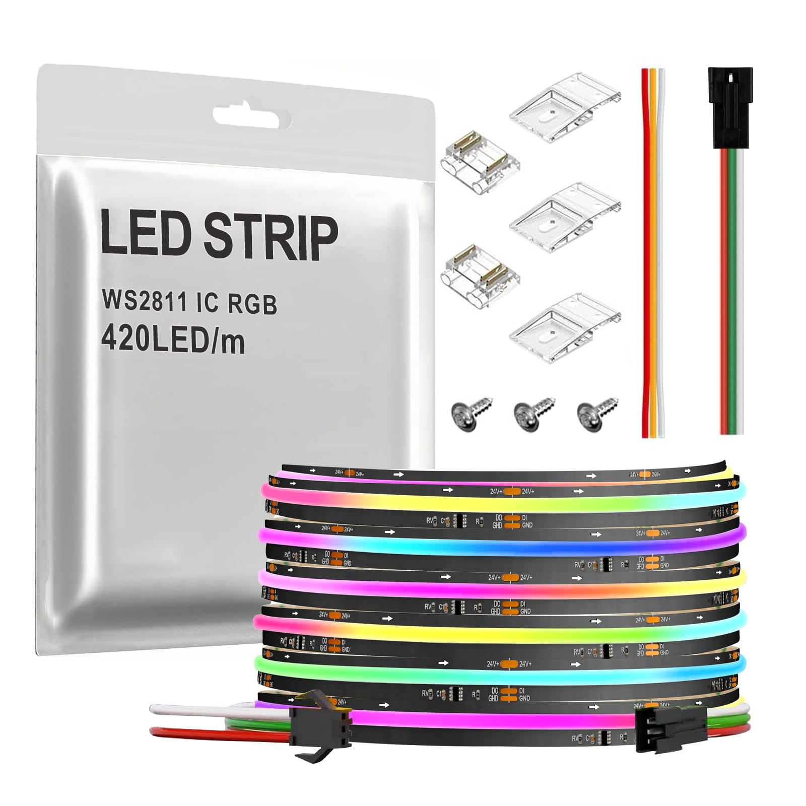 SPI COB RGB IC LED Strip Light FOB WS2811 High Density Uniform Light UL-Listed Dream Color Strip Light DC24V 16.4FT 2100LEDs Black PCB Chasing Color