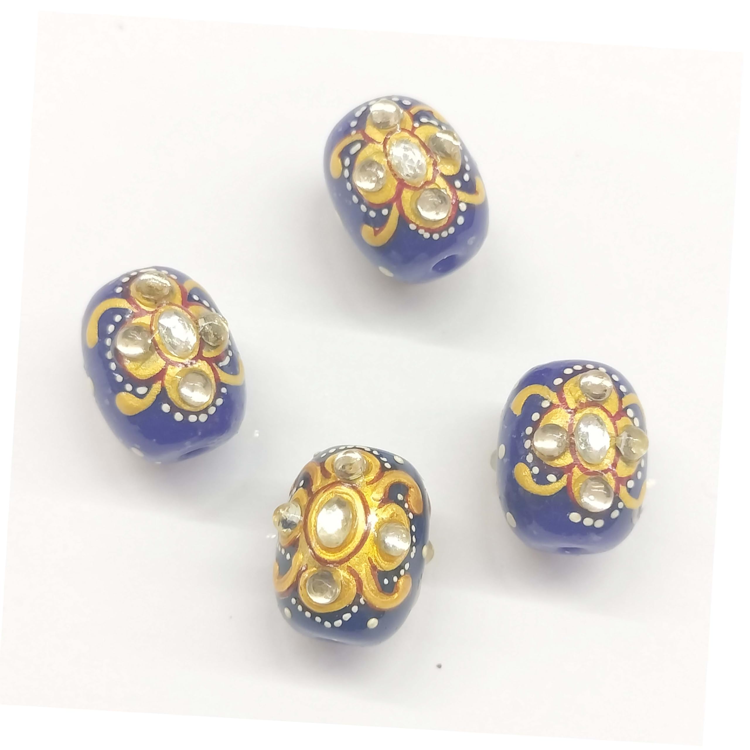 15x11mm Ovel Shape Handpainted Kundan Glass Stone Beads for DIY Jewellery Making, Necklase Making, Rakhi Making Beads, 4 pcs (Blue) KTC-3797-image-29