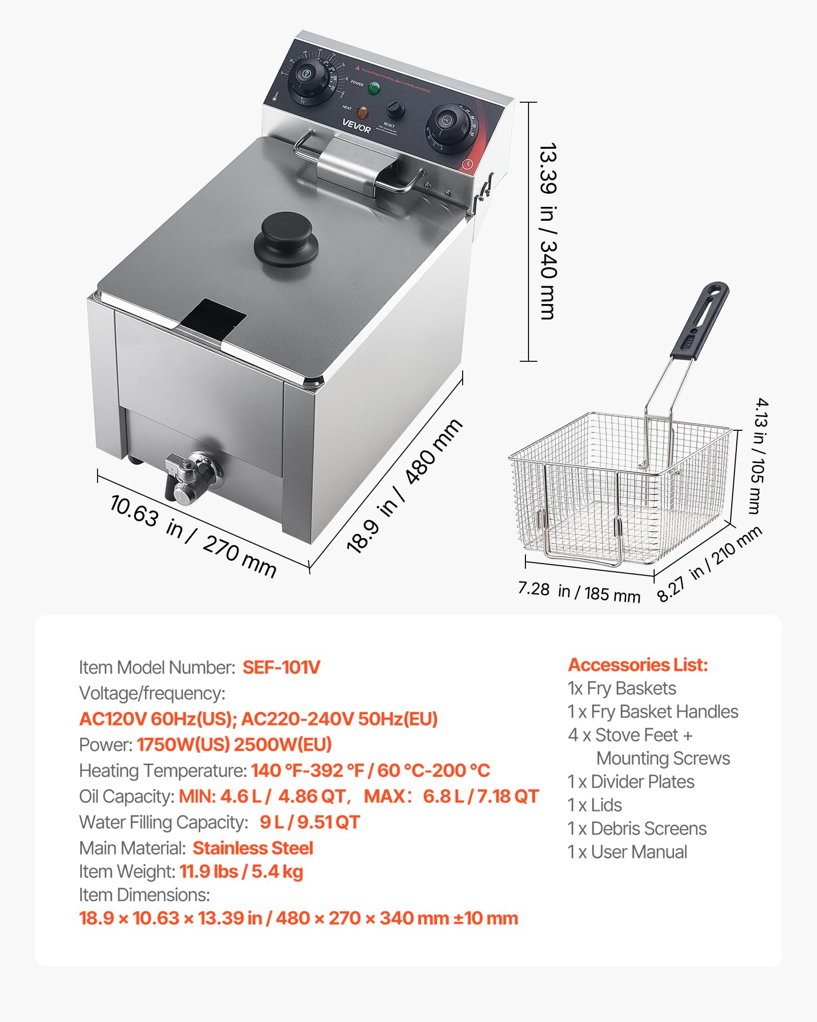VEVOR Friggitrice Elettrica in Acciaio Inox, Friggitrice con Sistema di Filtraggio dell'Olio Capacità Olio 6,8 L 2500 W da Banco con Cestello Coperchio, Controllo Temperatura Valvola di Scarico Olio