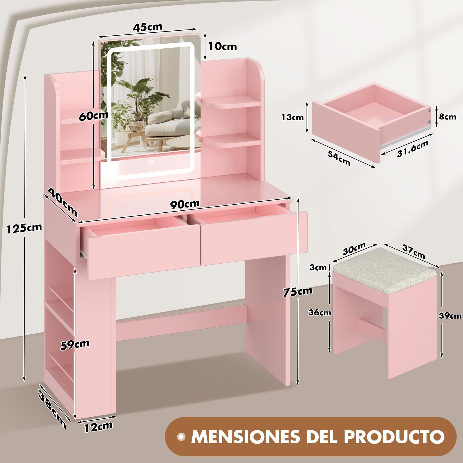Devoko Tocador de Maquillaje con Taburete y Luces LED, Brillo Ajustable, Mesa de Maquillaje con Espejo, con 2 Cajones Grandes y 4 Estantes Abiertos y Taquilla Lateral, Vanity Moderno, Rosa