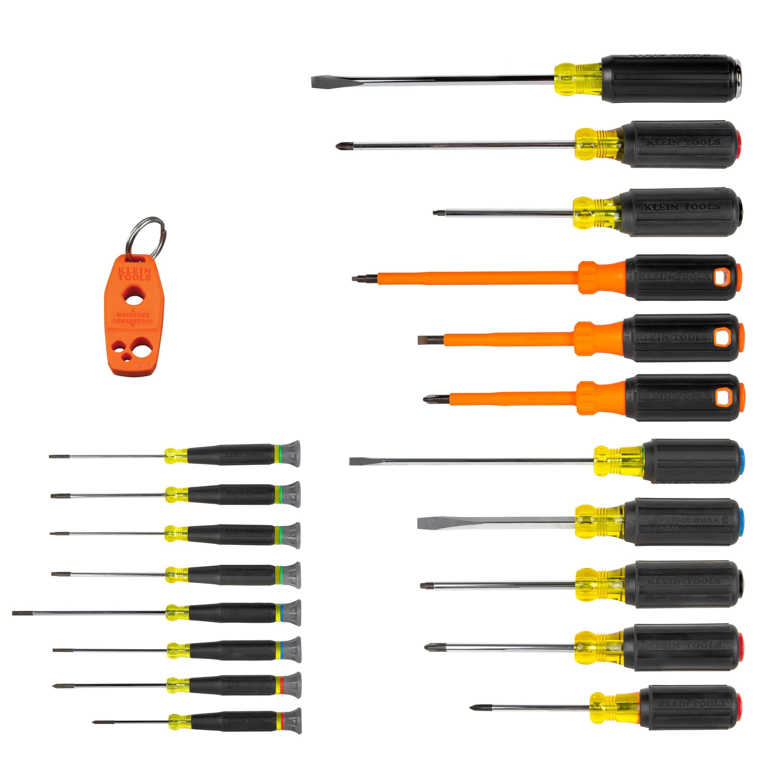 Klein Tools 85820 - Destornillador de precisión (7 destornilladores estándar con mango codificado por color, 3 destornilladores aislados, 1 destornillador de demolición y magnetizador